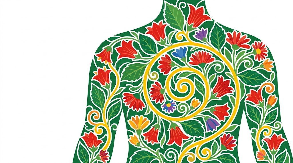 A flat folk-art vector illustration of a human torso filled with bellflowers, asters and a golden spiral vine.
