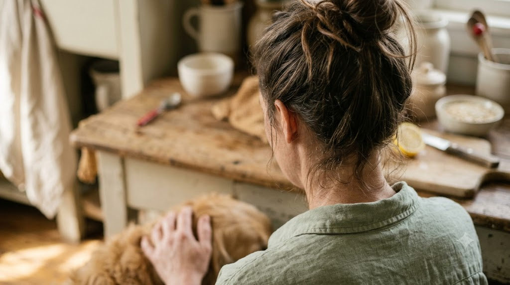 A person sitting on the floor with one hand resting on a dog&rsquo;s side in a warm room