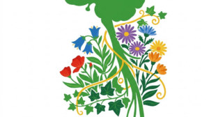 A flat folk-art vector illustration of the vagus nerve branching down the neck, framed by bellflowers, asters and ivy on a white background.