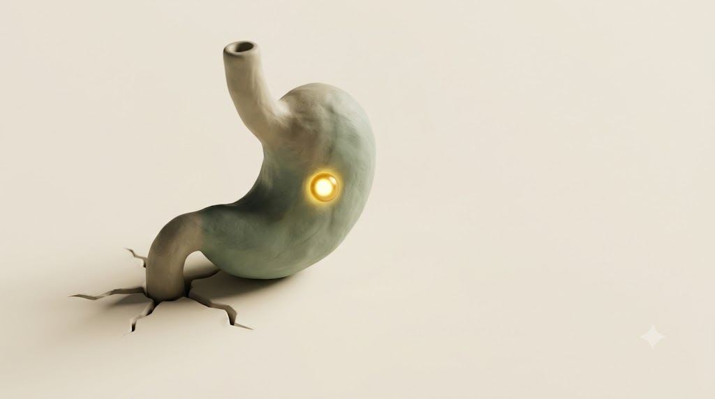 Clay stomach and oesophagus rising like a sprout from cracked ground, marked by one glowing golden bead of light.