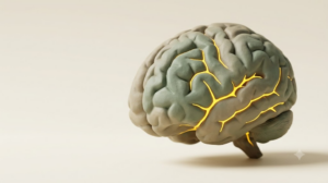 A sculpted matte clay human brain, marked by one bright golden light element.