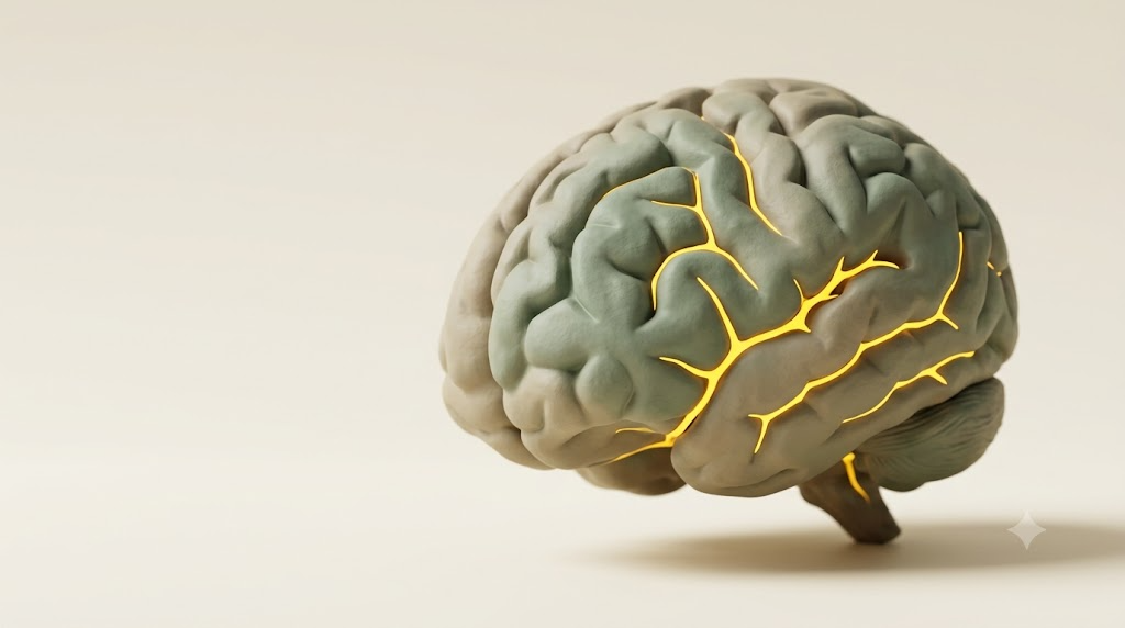 A sculpted matte clay human brain, marked by one bright golden light element.