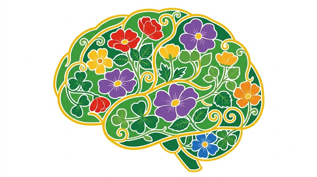 A flat folk-art vector illustration of a human brain filled edge to edge with wild roses and buttercups.
