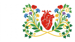 A flat folk-art vector illustration of a red human heart framed by symmetrical stylised flowers, leaves and golden vines on a white background.