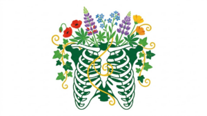 A flat folk-art vector illustration of a human ribcage with lupins and forget me nots arching over it.