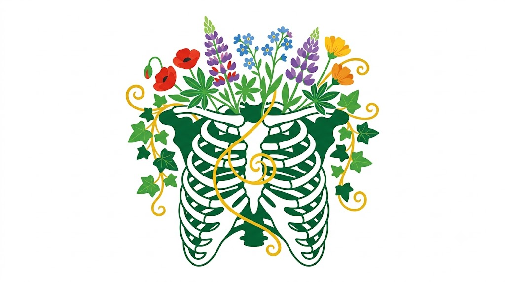 A flat folk-art vector illustration of a human ribcage with lupins and forget me nots arching over it.