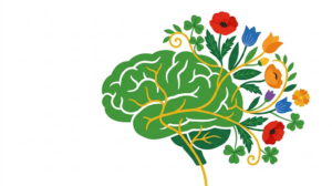 A flat folk-art vector illustration of a human brain in solid green, framed by stylised flowers and curling golden vines on white.