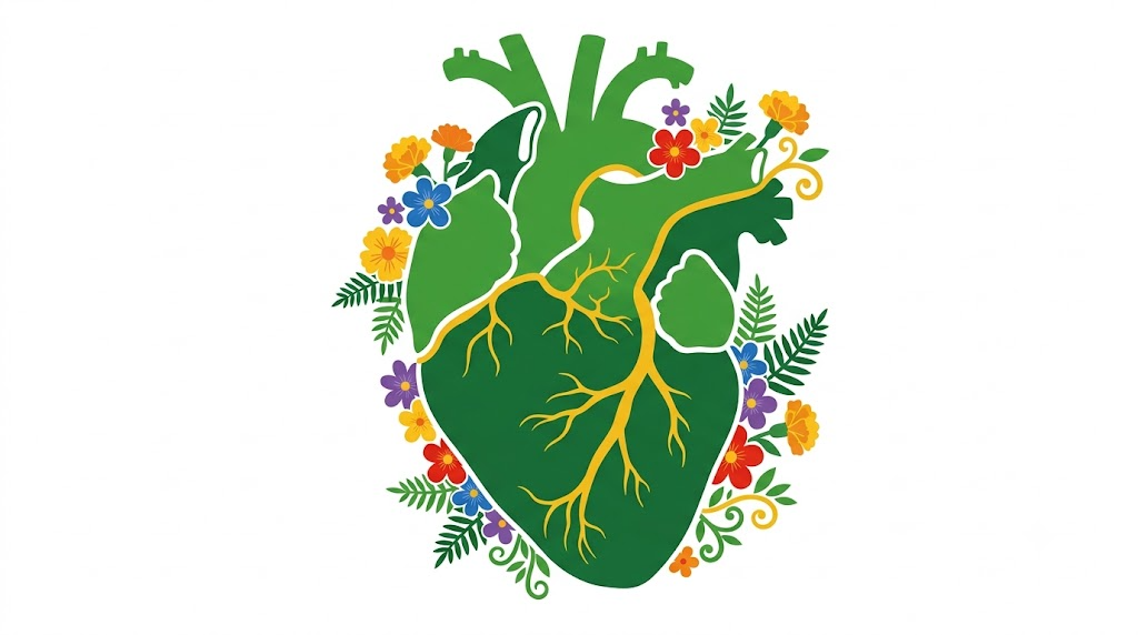 A flat vector folk-art illustration of a human heart surrounded by decorative leaves and flowers on a white background.