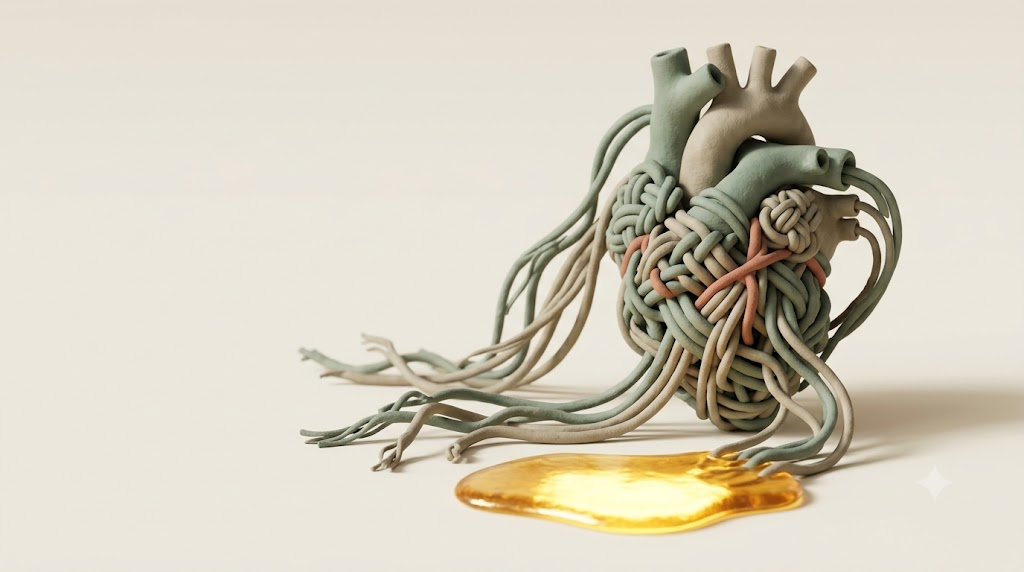 A soft matte clay render of a human heart formed from a knotted cord being drawn loose, with one bright golden light element and a small dusty terracotta accent.