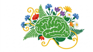 A flat folk-art vector illustration of a human brain framed by stylised flowers and curling vines on a white background.