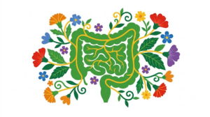 A flat folk-art vector illustration of a human intestine with marigolds and blossoms fanning out beside it.