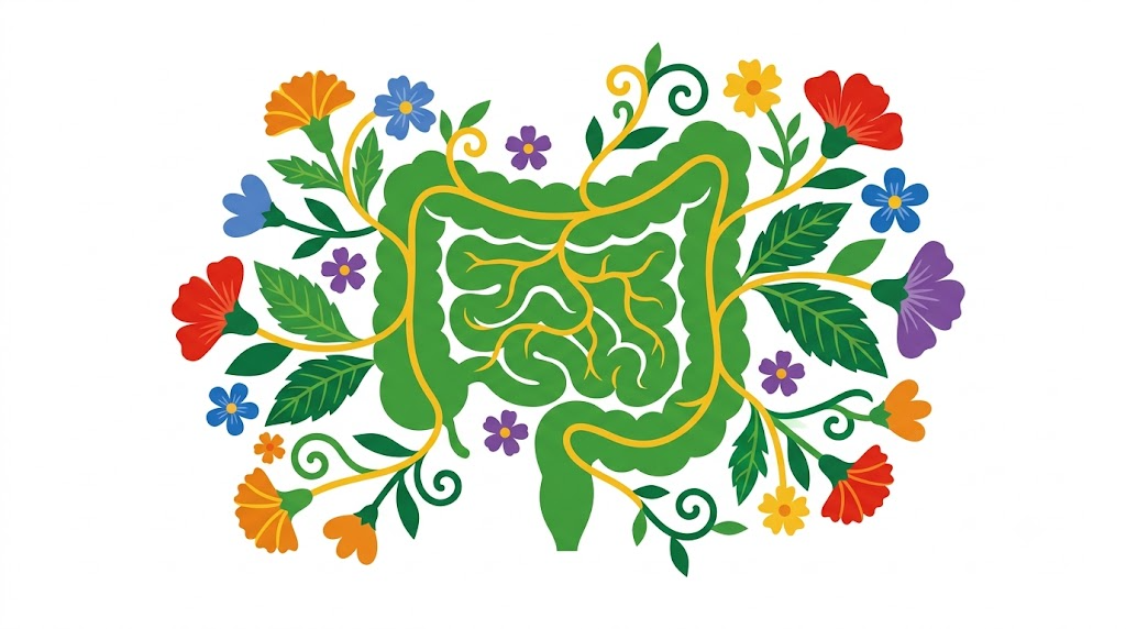 A flat folk-art vector illustration of a human intestine with marigolds and blossoms fanning out beside it.