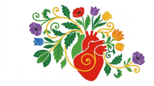 Flat vector folk-art illustration of a human heart with the aorta arching from it, framed by stylised flowers on a white background.