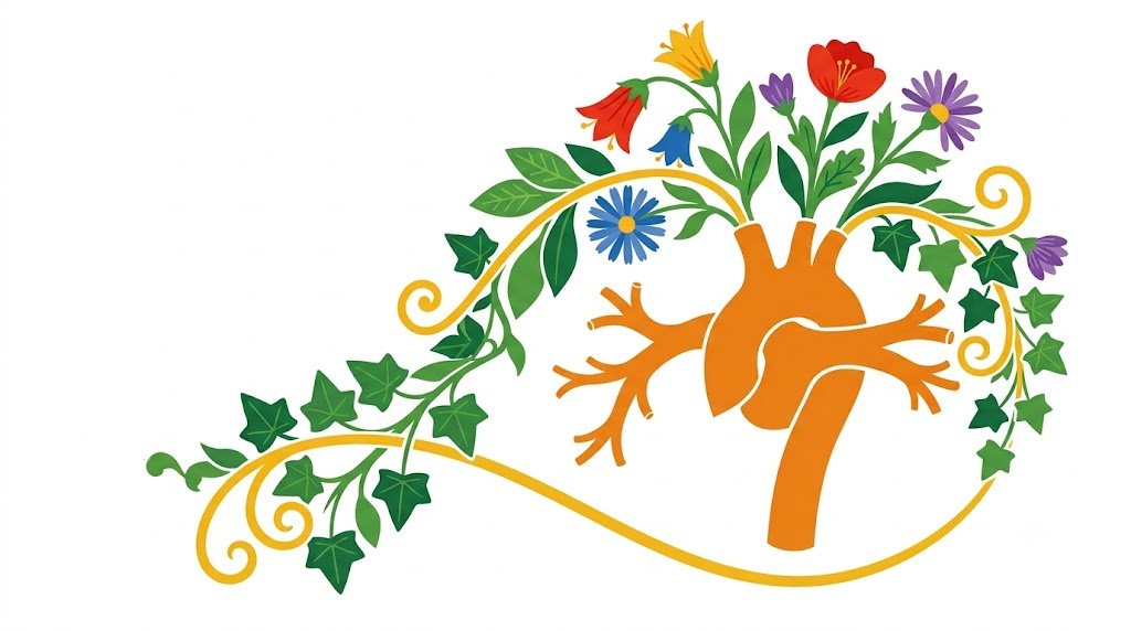 A flat folk-art vector illustration of an artery branching into smaller blood vessels, wrapped in stylised flowers and vines on a white background.