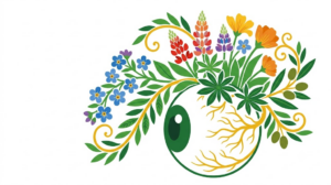 A flat vector illustration of a human eyeball surrounded by folk-art flowers on a white background.