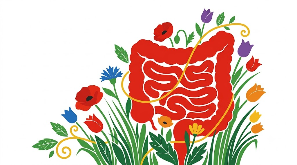 A flat folk-art vector illustration of a human small intestine framed by stylised flowers and vines on white.