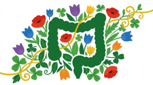 A flat folk-art vector illustration of a human large intestine decorated with stylised flowers on white.