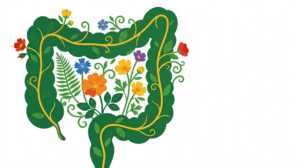 A flat folk-art vector illustration of a human large intestine framed by stylised flowers and vines on white.