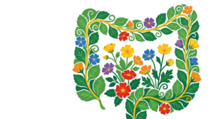 A flat folk-art vector illustration of a human colon filled with wild roses, buttercups and broad leaves.