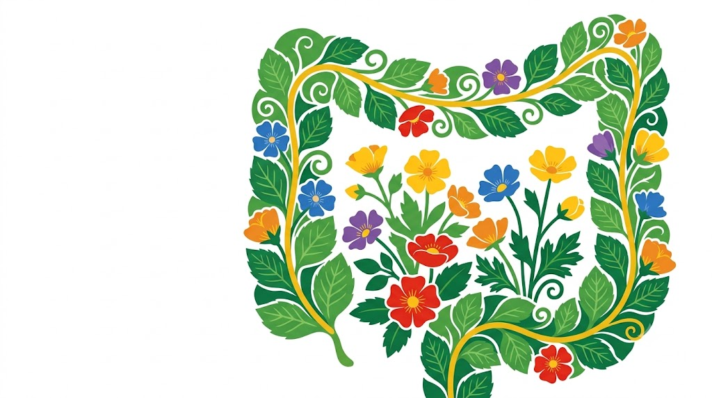 A flat folk-art vector illustration of a human colon filled with wild roses, buttercups and broad leaves.