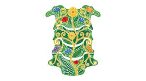 A flat vector folk-art illustration of a human cervical spine surrounded by stylised flowers and a golden vine on a white background.