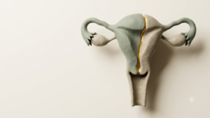 A sculpted matte clay anatomical uterus and cervix standing upright, with a bright golden seam running the length of a break in the form.