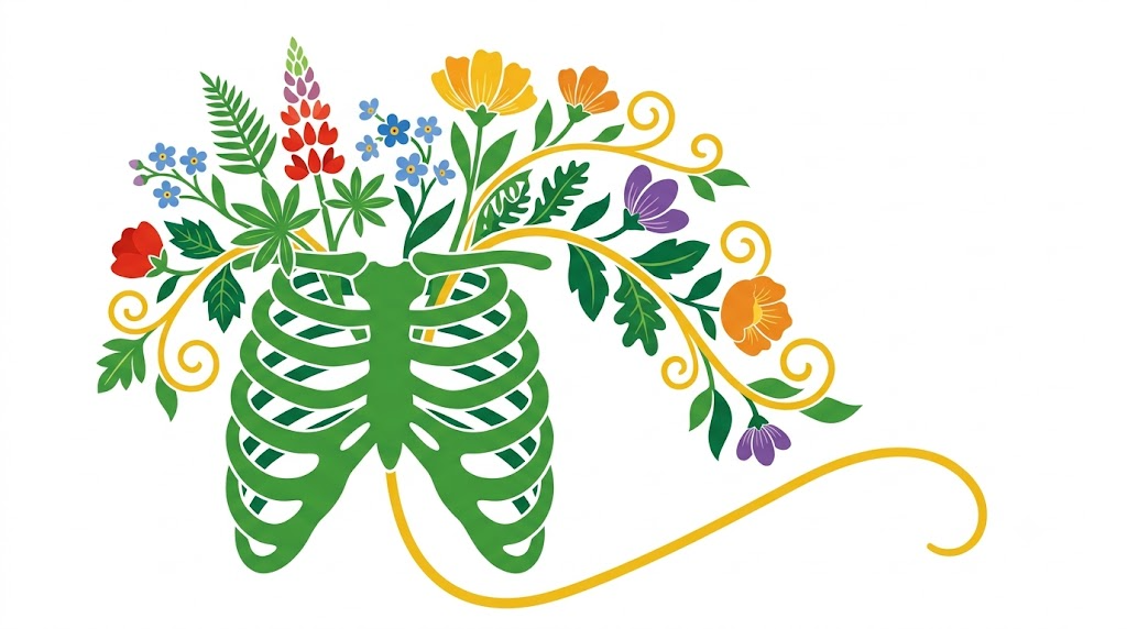 A flat vector folk-art illustration of a human ribcage surrounded by stylised flowers and a golden vine on a white background.