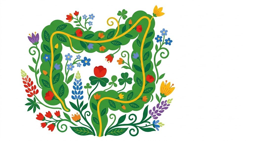 A flat vector folk-art illustration of a human large intestine with stylised flowers and leaves on a white background.