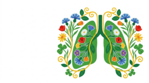 A flat folk-art vector illustration of a pair of human lungs between mirrored sprays of cornflowers, daisies and clover.