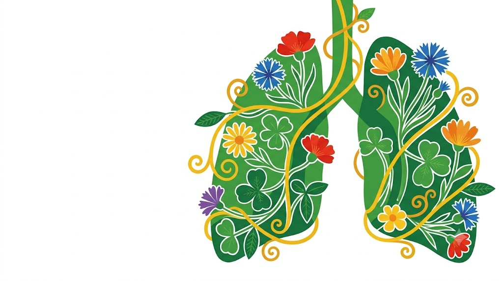 A flat vector folk-art illustration of a pair of human lungs decorated with stylised flowers and vines on a white background.