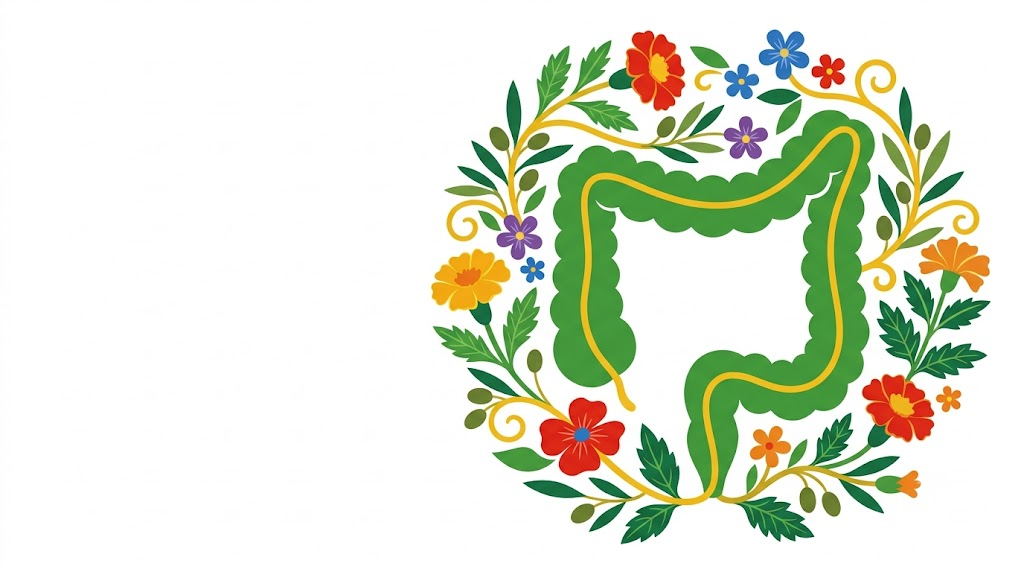 A flat folk-art vector illustration of a human colon encircled by a wreath of stylised flowers, leaves and golden vines on a white background.