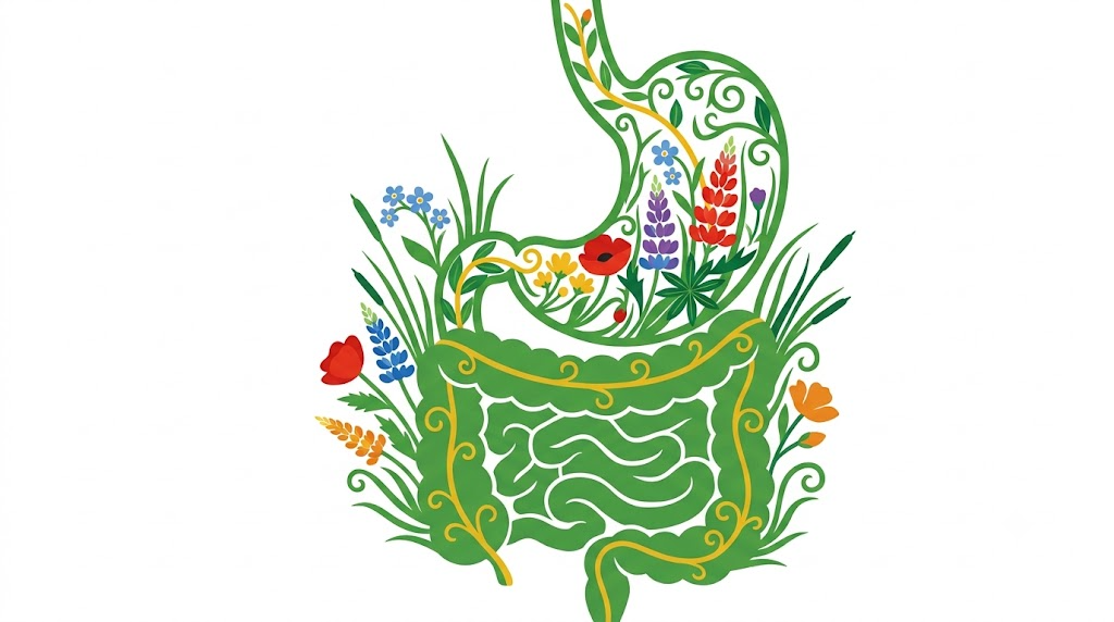 A flat vector folk-art illustration of a stomach and coiled intestines filled with stylised flowers.