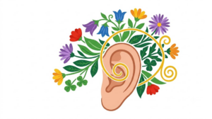 A flat vector folk-art illustration of a human ear framed by decorative leaves and flowers on a white background.