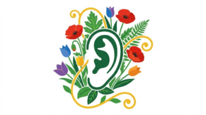 A flat vector folk-art illustration of a human ear surrounded by stylised flowers and a golden vine on a white background.