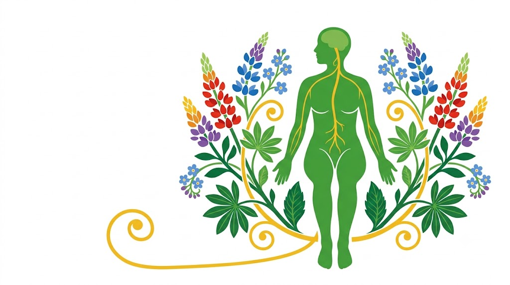 Flat vector folk-art illustration of a full human figure with the vagus nerve traced from head through the torso, framed by stylised blooms and foliage on a white background.