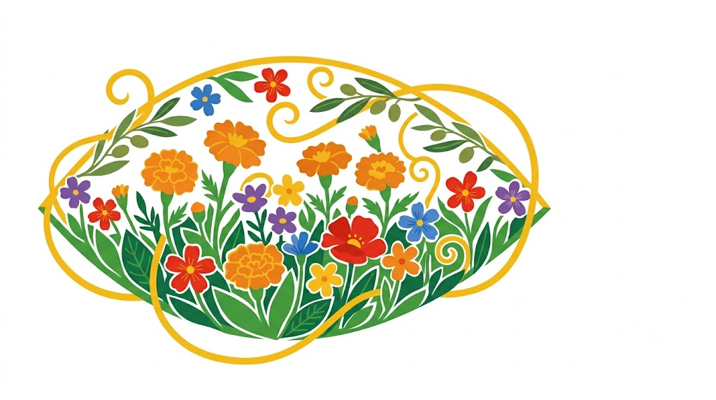 A flat folk-art vector illustration of a human eye framed by stylised flowers and curling vines on white.