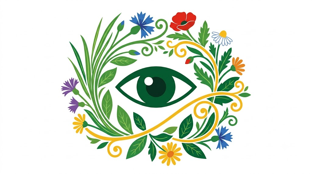 A flat folk-art vector illustration of a human eye framed by stylised flowers, leaves and curling vines on white.