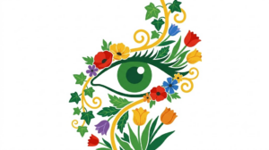 A flat folk-art vector illustration of a human eye with poppies, tulips and ivy tucked along its outline.