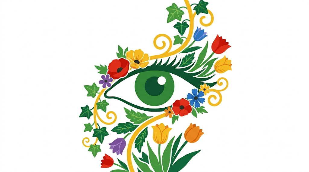 A flat folk-art vector illustration of a human eye with poppies, tulips and ivy tucked along its outline.