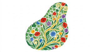 Flat vector illustration of a human gallbladder surrounded by folk-art flowers and foliage.