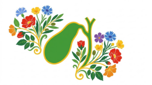 A flat vector illustration of a human gallbladder between mirrored folk-art botanical sprays on white.