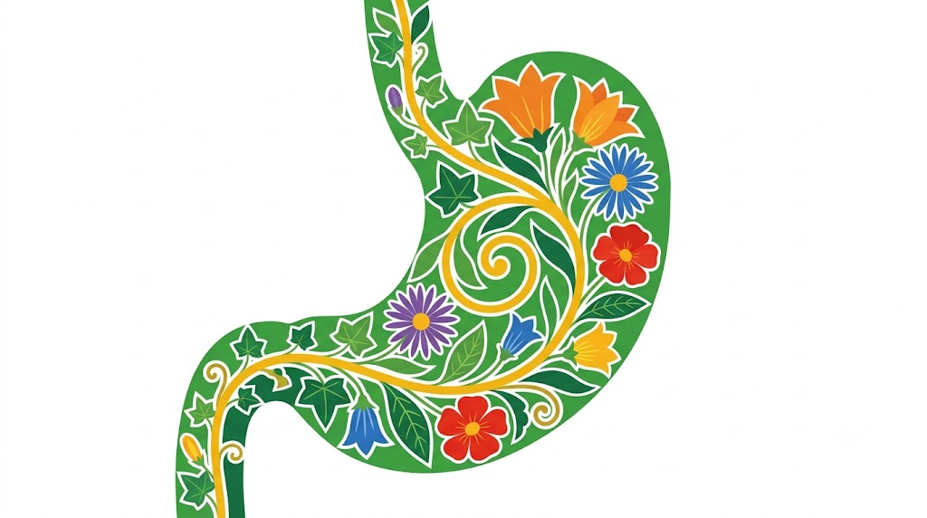 A flat folk-art vector illustration of a human stomach and oesophagus surrounded by stylised flowers and curling vines on a white background.
