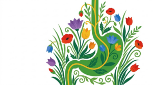 A flat folk-art vector illustration of a human oesophagus and stomach framed by stylised flowers and vines on white.