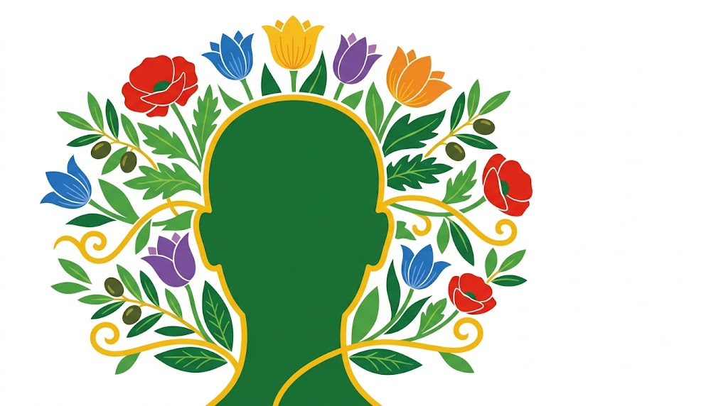 A flat folk-art vector illustration of a head and shoulders silhouette with stylised tulips, poppies and leaves arching over it on a white background.