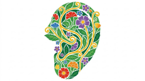 Flat vector folk-art illustration of a human ear filled with stylised flowers and leaves on a white background.