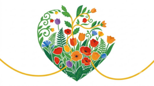A flat folk-art vector illustration of a heart shape filled with stylised poppies, tulips and ferns with a golden vine sweeping beneath it on a white background.