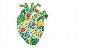 A flat folk-art illustration of a human heart filled with a garden of wild roses, buttercups and olive sprigs.