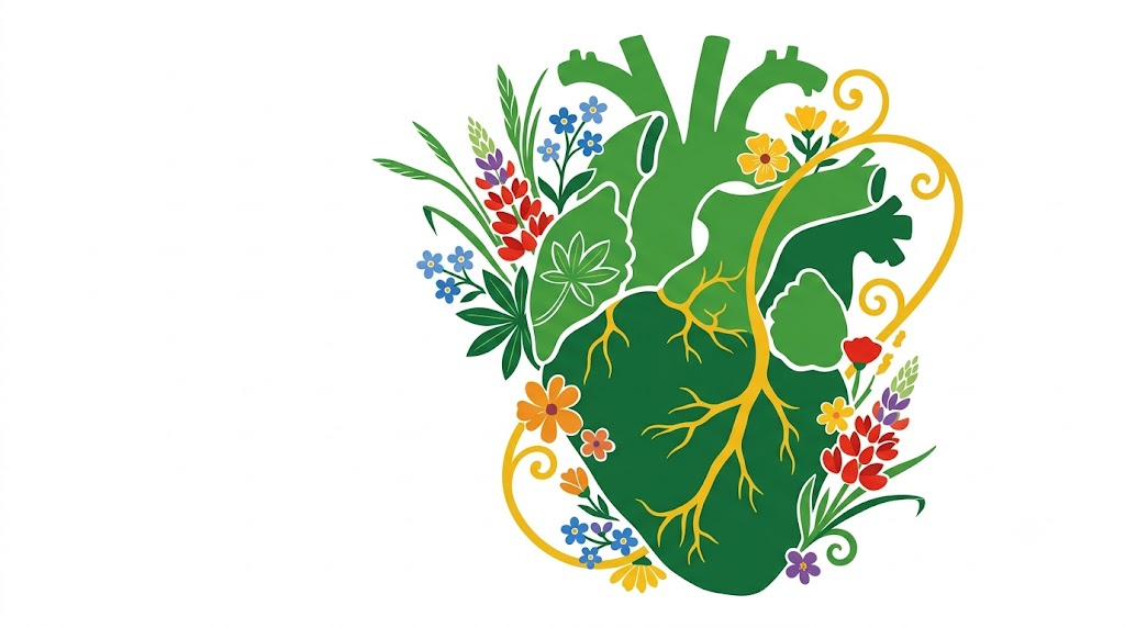 A flat folk-art vector illustration of a human heart framed by stylised flowers and a golden vine.