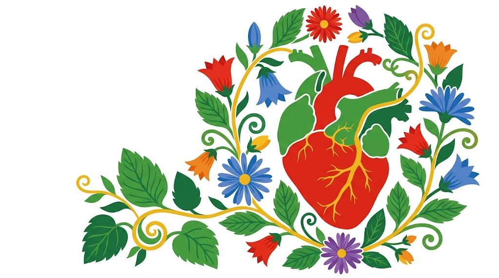 A flat vector illustration of a human heart surrounded by folk-art botanicals.