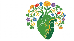A flat folk-art vector illustration of a human heart with marigolds, blossoms and clover arching over it on white.